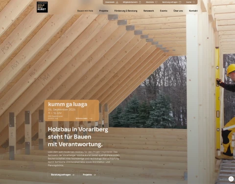 A screenshot of Holzbaukunst.at: Website for the Vorarlberg Timber Construction Association