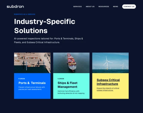 A screenshot of subdron.com - Scalable web presence for Deep-Tech pioneers.