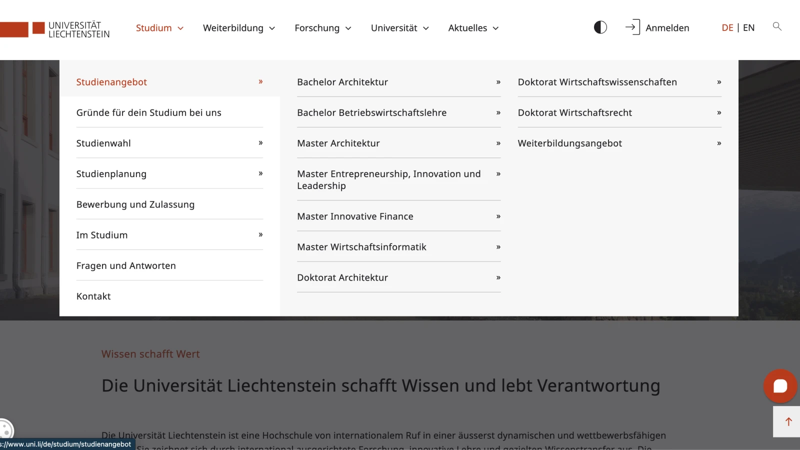 Ein Screenshot von Universität Liechtenstein